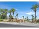 A gated community entrance with lush landscaping and stately palms leading to an elegant home at 12 Via Ravello, Henderson, NV 89011