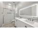 Modern bathroom featuring a double sink vanity, sleek fixtures, and a glass-enclosed shower at 12024 Girasole Ave, Las Vegas, NV 89138