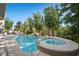 Sparkling pool and spa surrounded by mature landscaping offering a private backyard retreat at 12125 Edgehurst Ct, Las Vegas, NV 89138