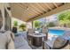 Inviting covered patio with lounge seating, fire pit, and a beautiful pool for relaxing outdoor living at 13 Cozy Glen Cir, Henderson, NV 89074