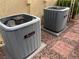 Two outdoor air conditioning units sit on concrete pads surrounded by gravel and low brick walls at 3004 Darby Falls Dr, Las Vegas, NV 89134
