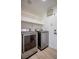 Modern laundry room featuring front loading washer and dryer and extra shelf space at 901 Sir Winston St, Henderson, NV 89052
