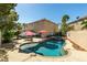 Beautifully landscaped backyard with pool, patio, and mature trees at 1048 Painted Daisy Ave, Henderson, NV 89074
