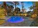 Inviting backyard pool featuring a spa, surrounded by lush greenery and ambient lighting at 2337 Prometheus Ct, Henderson, NV 89074