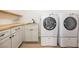 Well-organized laundry room with butcher block countertops, sink, and modern washer and dryer at 4016 Tyler William Ln, Las Vegas, NV 89130