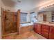 Elegant bathroom featuring a walk-in shower, soaking tub, and stylish vanity with modern lighting at 7125 Mountain Den Ave, Las Vegas, NV 89179