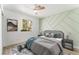 Well-lit bedroom featuring a modern accent wall, plush bedding, and modern decor at 7932 Diamond Rock Way # 101, Las Vegas, NV 89128