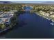 Picturesque aerial view of homes surrounding a serene lake with boat docks, bridges, and lush greenery at 8140 Bay Harbor Dr, Las Vegas, NV 89128