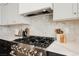 Stainless steel range with decorative tile backsplash and custom vent hood at 8140 Bay Harbor Dr, Las Vegas, NV 89128