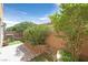 Private backyard featuring lush greenery, a brick patio, and well-maintained landscaping at 1121 Via Castelli, Henderson, NV 89052