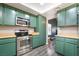 Modern kitchen featuring stainless steel appliances and green cabinets at 1534 Irene Dr, Boulder City, NV 89005