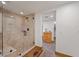 Modern tiled shower next to the entrance to a room with a wood dresser at 274 Ski Trail Rd, Mount Charleston, NV 89124