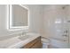 Modern bathroom featuring a sleek vanity with a lighted mirror and a shower-over-tub combination at 5429 Succulent Rose Dr, Las Vegas, NV 89135