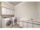 Clean, functional laundry room featuring side-by-side washer and dryer units, with overhead cabinets at 7300 Breezy Night Ct, Las Vegas, NV 89129