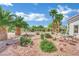 Charming desert landscaping with native plants, rock features, and cozy seating, creating an inviting front yard at 10001 Cresent Creek Dr, Las Vegas, NV 89134