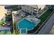 Aerial view of backyard with swimming pool, trampoline and outdoor seating area at 12428 Lincoln Creek Ave, Las Vegas, NV 89138