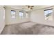 Spacious bedroom with neutral carpet, ceiling fan, and plenty of natural light from multiple windows at 2862 Starling Summit St, Henderson, NV 89044