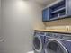 Contemporary laundry room featuring front loading washer and dryer, sleek countertops, and stylish navy blue cabinetry at 2936 Aragon Terrace Way, Henderson, NV 89044