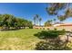 Expansive front yard featuring lush lawn, mature trees, and desert landscaping under clear blue skies at 4004 Nancy Margarite Ln, Las Vegas, NV 89130