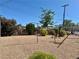 Expansive backyard with low-maintenance gravel, mature trees, and artistic metal sculpture at 4420 Avondale Ave, Las Vegas, NV 89121