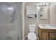 Clean bathroom featuring a shower, modern vanity, and medicine cabinet for storage at 45 Prince Ln, Las Vegas, NV 89110