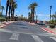 A street view of a community entrance, featuring palm trees, a gatehouse, and well-maintained landscaping at 1169 Paradise River Rd, Henderson, NV 89002