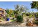 Beautiful backyard featuring lush landscaping, rocks, a hot tub, and comfortable seating area at 4017 Kristina Lynn Ave, North Las Vegas, NV 89081