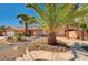 Manicured xeriscaped yard featuring mature palms and walkway leading to this desert home's front door at 4775 N Grand Canyon Dr, Las Vegas, NV 89129