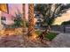 Landscaped backyard featuring mature trees, palms, a barbeque and a fun artistic dinosaur statue at 711 Sari Dr, Las Vegas, NV 89110