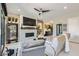 Cozy living room featuring a fireplace, large TV, and stylish decor at 7473 Deschutes Cir, Las Vegas, NV 89129