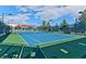 Well-maintained tennis court featuring a bright blue surface and secure fencing at 7908 House Sparrow St, North Las Vegas, NV 89084