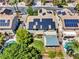 Aerial view of the neighborhood showing pools, solar panels, and lush greenery at 8217 Fritzen Ave, Las Vegas, NV 89131