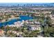 Scenic aerial shot of a tranquil lake with lush greenery, waterfront homes, and distant cityscape at 8228 Lauderdale Ct, Las Vegas, NV 89128