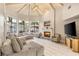 Comfortable living room with vaulted ceilings, a fireplace, and sliding doors to the backyard at 2101 Diamond Bar Dr, Las Vegas, NV 89117