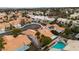 Aerial view showcasing neighborhood homes with private pools, mature landscaping, and terracotta roofs at 3109 Siena Cir, Las Vegas, NV 89128