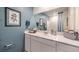 Bathroom featuring a long vanity, large mirror, and blue accent wall at 7384 Hayes Harbor Ct # Lot 213, North Las Vegas, NV 89084