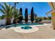 Backyard oasis boasts a pool, spa, tropical landscaping, and is surrounded by a privacy fence at 8705 Orvieto Dr, Las Vegas, NV 89117