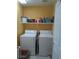 Functional laundry room equipped with washer, dryer, and shelving for convenient organization at 2148 Hidden Ranch Ter, Henderson, NV 89052