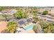 Gorgeous aerial view showcasing home's backyard pool, solar panels, lush greenery, and neighborhood at 2426 La Pluma St, Henderson, NV 89014