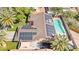 Aerial shot of a home with solar panels, an inviting swimming pool, and a covered patio area at 2426 La Pluma St, Henderson, NV 89014