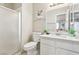 Bathroom with shower stall, and a quartz countertop vanity at 2460 Old Forge Ln # 48, Las Vegas, NV 89121