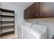 Functional laundry room equipped with a washer, dryer, shelving and overhead cabinets at 7885 W Flamingo Rd # 2005, Las Vegas, NV 89147