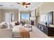 Inviting living room featuring a stone fireplace, a large window with views, and neutral decor for a modern look at 20 Via Visione # 105, Henderson, NV 89011
