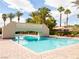 Resort-style pool featuring a bridge, lounge chairs, and umbrellas at 2050 W Warm Springs Rd # 411, Henderson, NV 89014