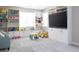 Bright playroom with built-in shelving, a cozy couch, and neutral carpeting at 2650 Skylark Trail St, Henderson, NV 89044