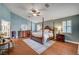 A beautiful main bedroom with wood floors, plantation shutters and furniture at 3151 Coachlight Cir, Las Vegas, NV 89117