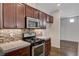 Modern kitchen with stainless steel appliances, mosaic backsplash, and granite countertops at 5239 Tartan Hill Ave, Las Vegas, NV 89141