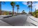 The gated community features palm trees, desert landscaping, street lamps, and sidewalks at 100 Woolman Rink Ave, Las Vegas, NV 89123