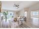Bright living room with vaulted ceilings, modern furniture, and sliding glass doors at 10205 Birch Bluff Ln, Las Vegas, NV 89145