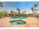Community pool and spa area surrounded by palm trees and lounge chairs under a clear blue sky at 10205 Birch Bluff Ln, Las Vegas, NV 89145